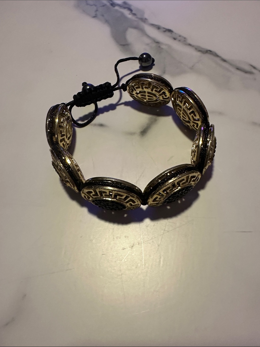 Gold-Tone Black Adjustable Medallion Bracelet Greek Style